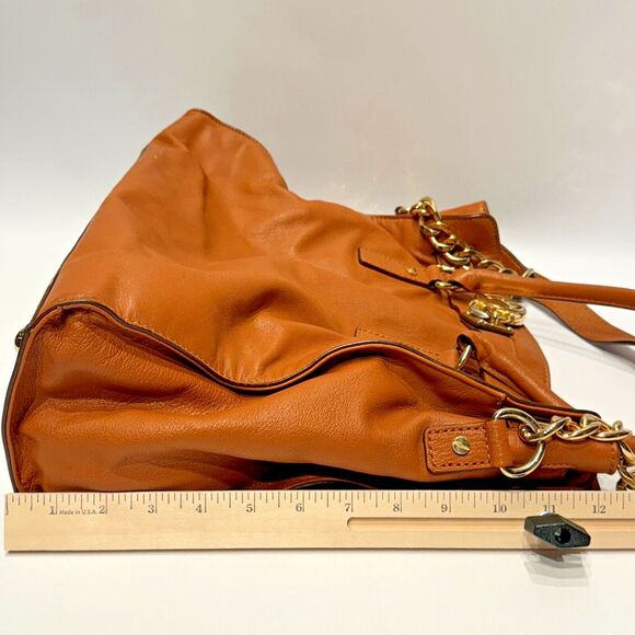 Michael Kors Hamilton Chain and Lock Brown Leather Satchel Bag Purse (no key) - Picture 11 of 14